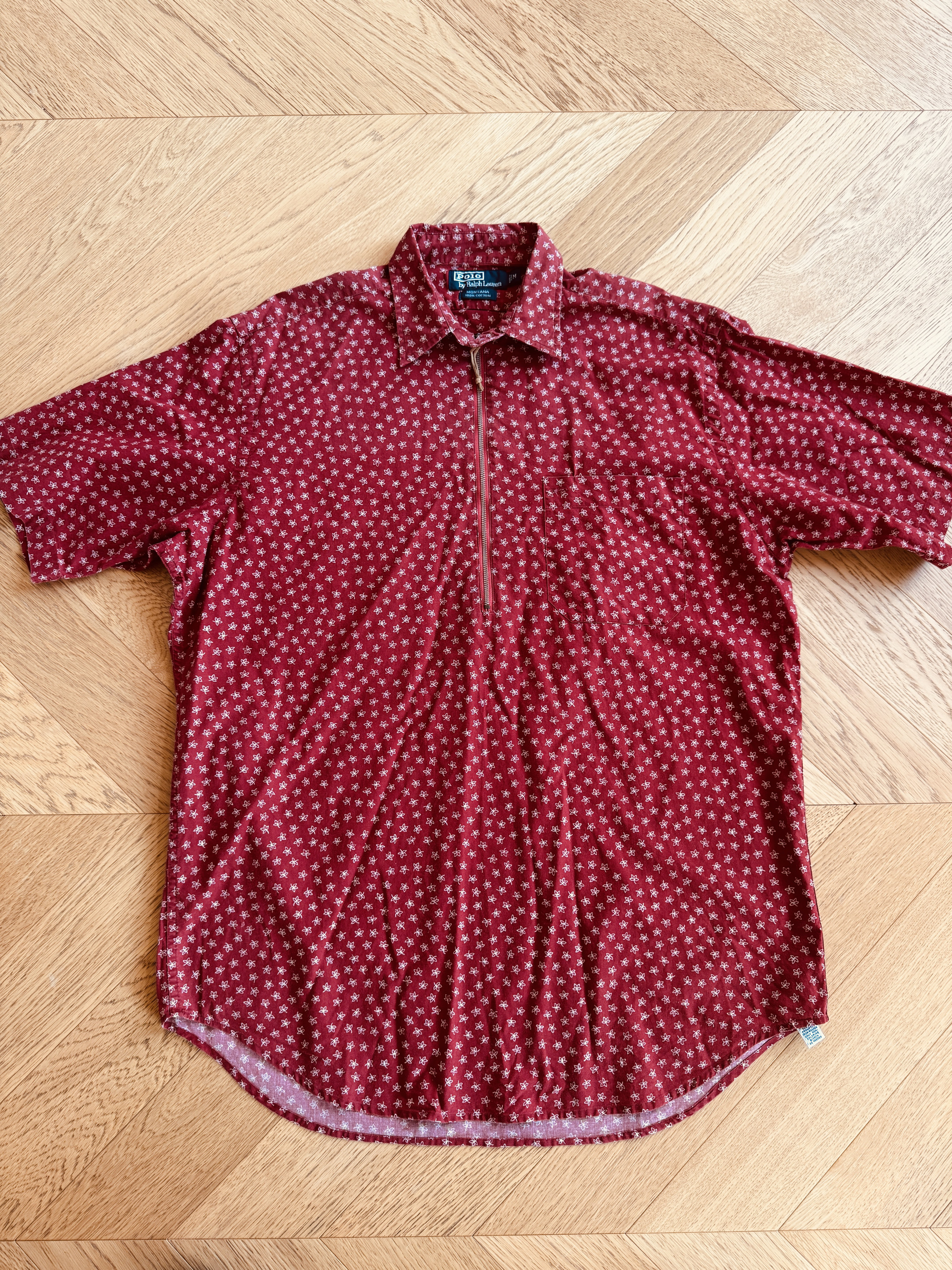 RL老款碎花满天星复古套头半拉链短袖T恤衬衫