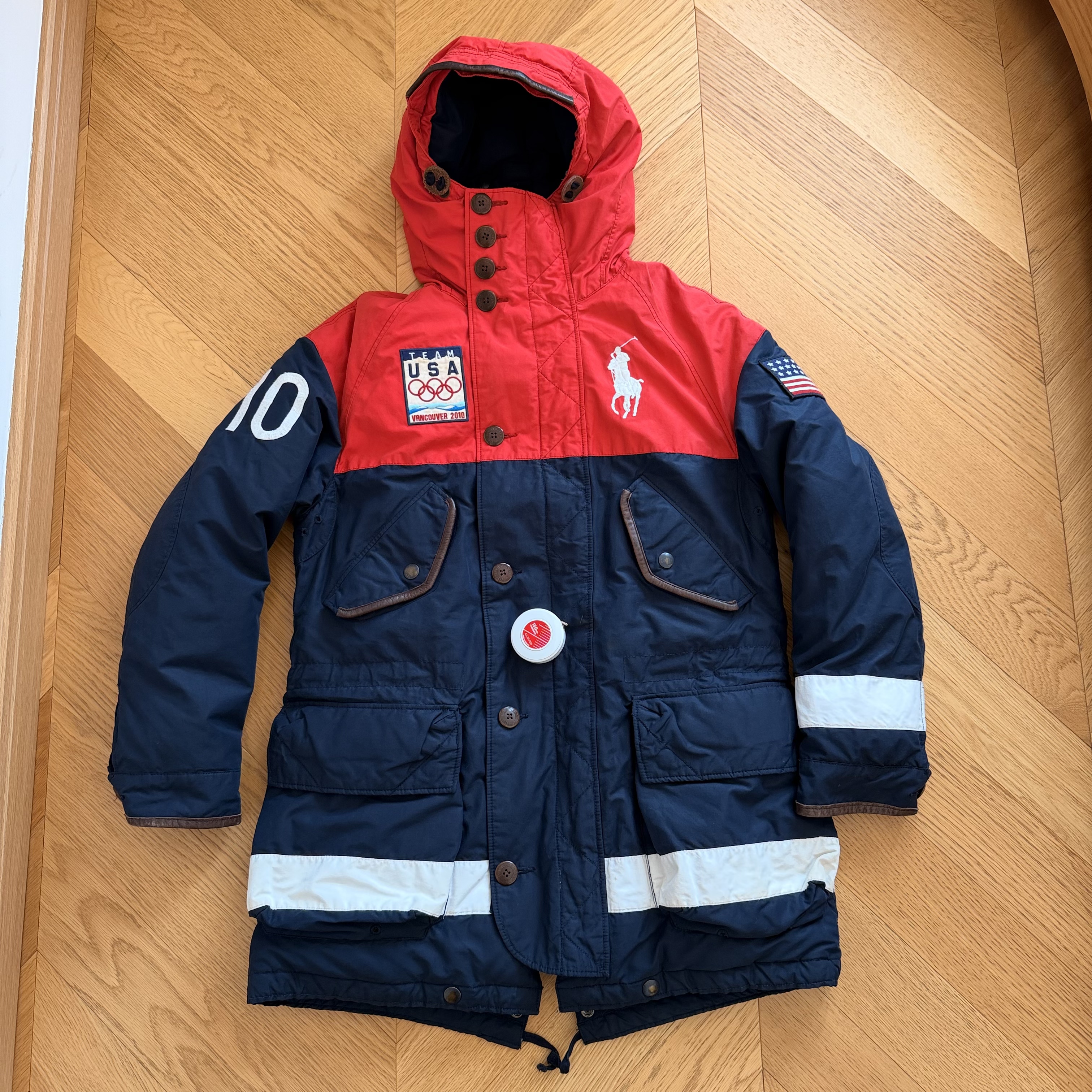 RL老款2010美国奥运会限量款连帽拼皮羽绒parka大衣外套