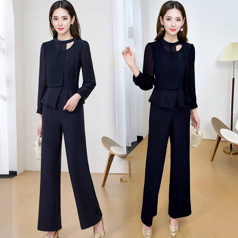 中青年女装时尚气质套装新款春秋阔太太洋气长袖上衣阔腿裤两件套