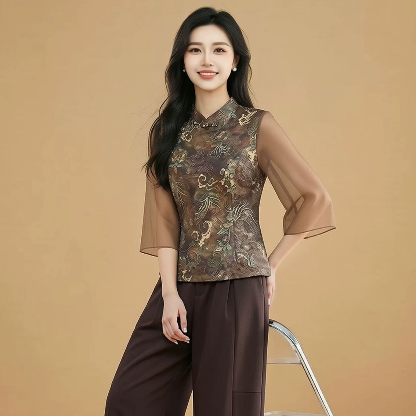 中年妈妈装春秋民族风上衣中青年女衬衫短款时尚印花衬衣夏季新款