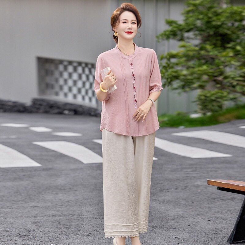 中年妈妈夏装气质短袖上衣开衫2026新款中老年女装新中式洋气套装