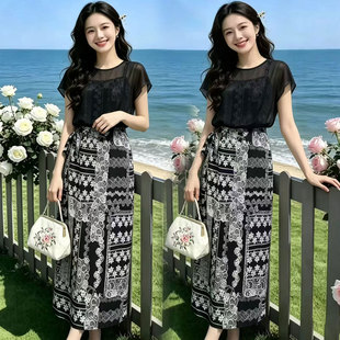 中青年女装新款2026夏季短袖连衣裙中年妈妈装时尚假两件过膝长裙