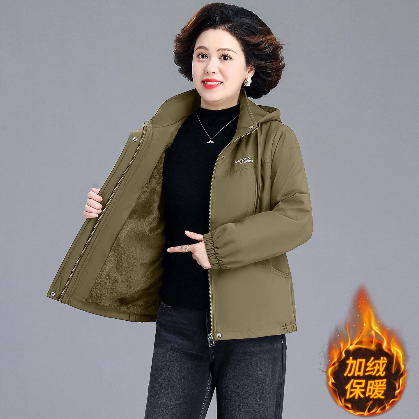 时尚婆婆妈妈装加绒外套短款连帽风衣中老年大码女装春秋气质上衣