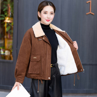 冬季加绒工装牛仔外套中青年女装羽绒服短款时尚潮流羊羔毛棉袄子