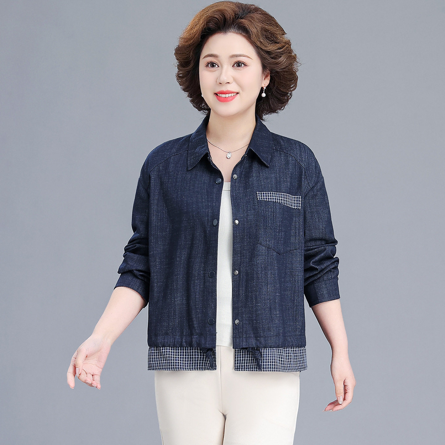 拼接格子假两件长袖衬衫外套短款女2026早春季新款设计感小众上衣