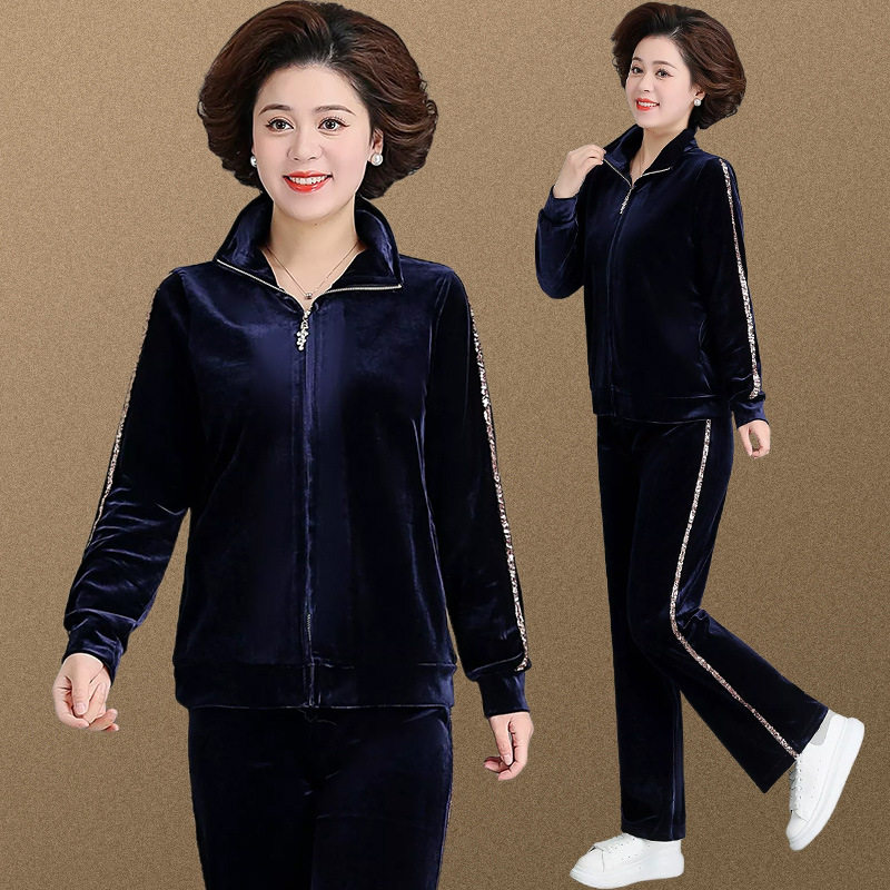 中老年妈妈女装休闲运动金丝绒两件套裤春秋长袖衫阔腿裤上下套装