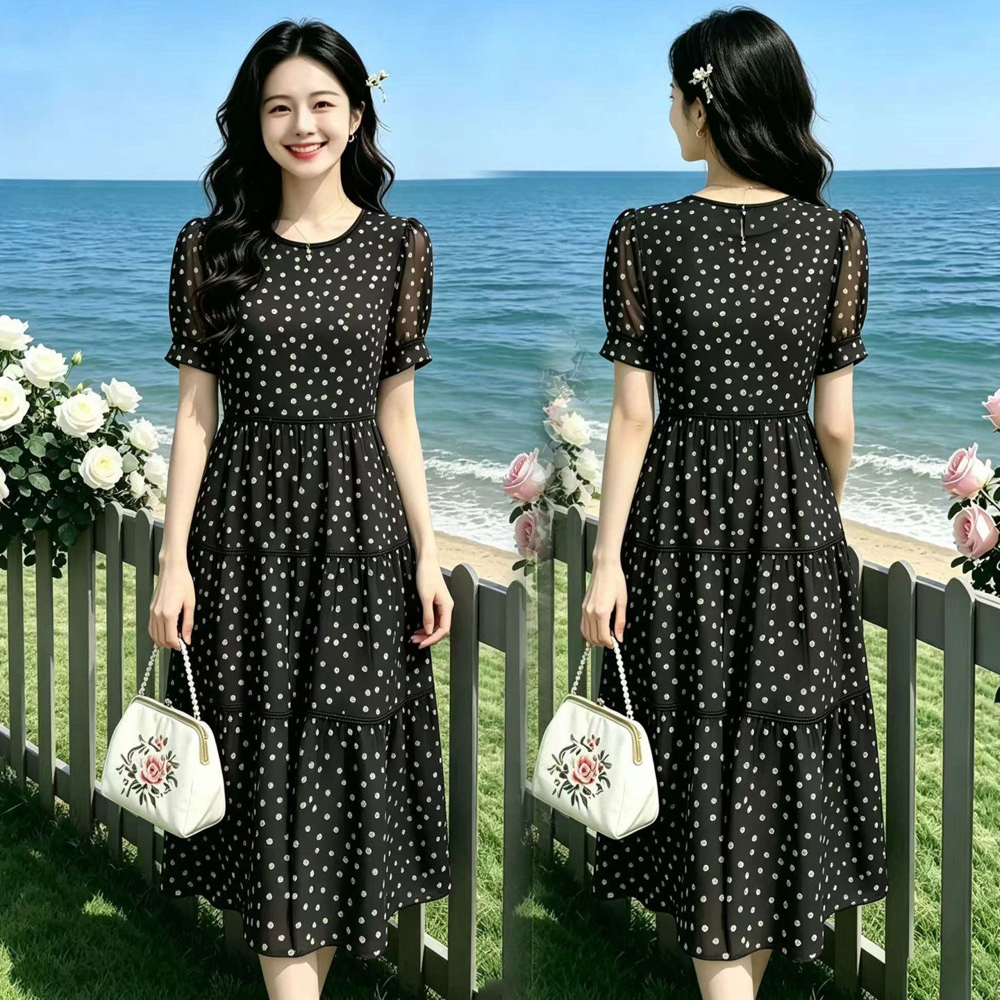 2026夏季新款中青年女装过膝长裙中年妈妈装短袖蛋糕裙波点连衣裙