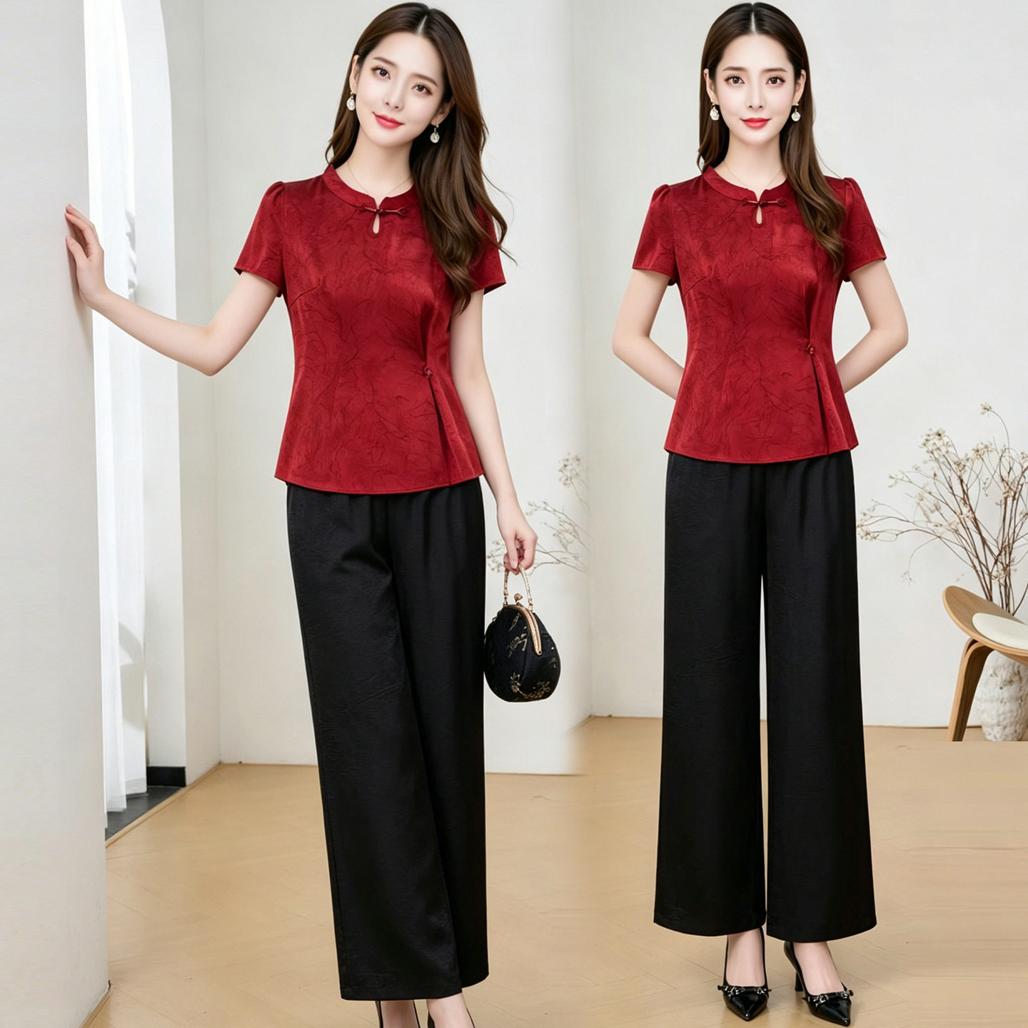 时尚短袖衫阔腿裤上下套装中青年女装2026年春夏新款减龄两件套裤