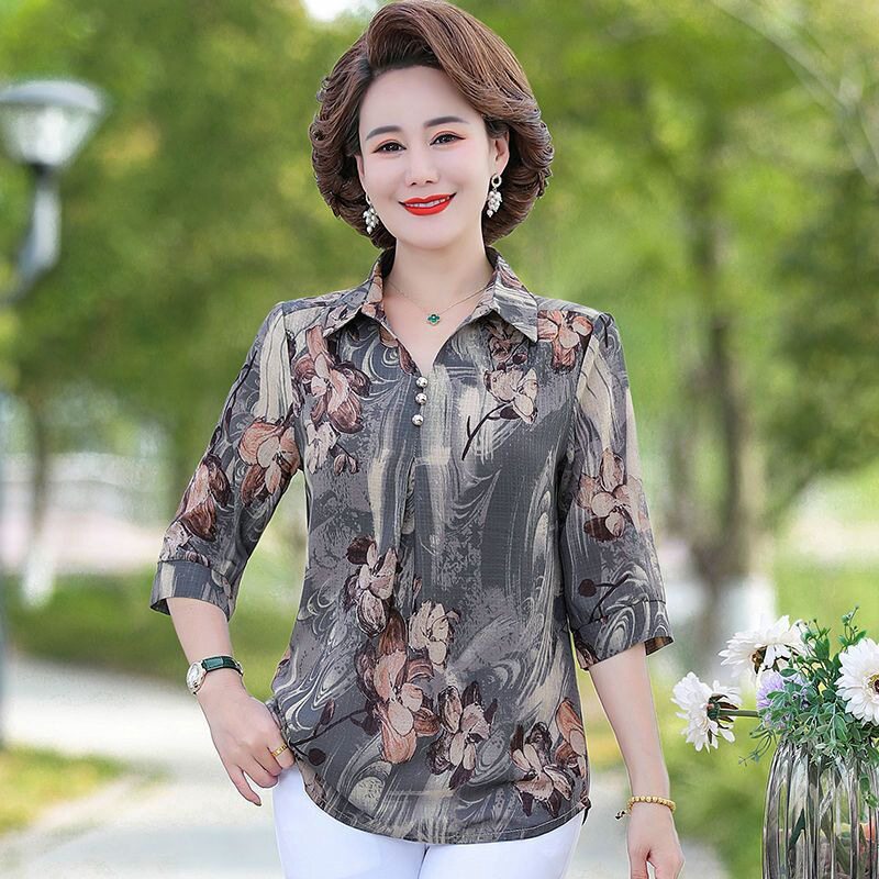 妈妈装夏季衬衫领T恤上衣40-50岁中年女装中袖气质显瘦遮肚打底衫