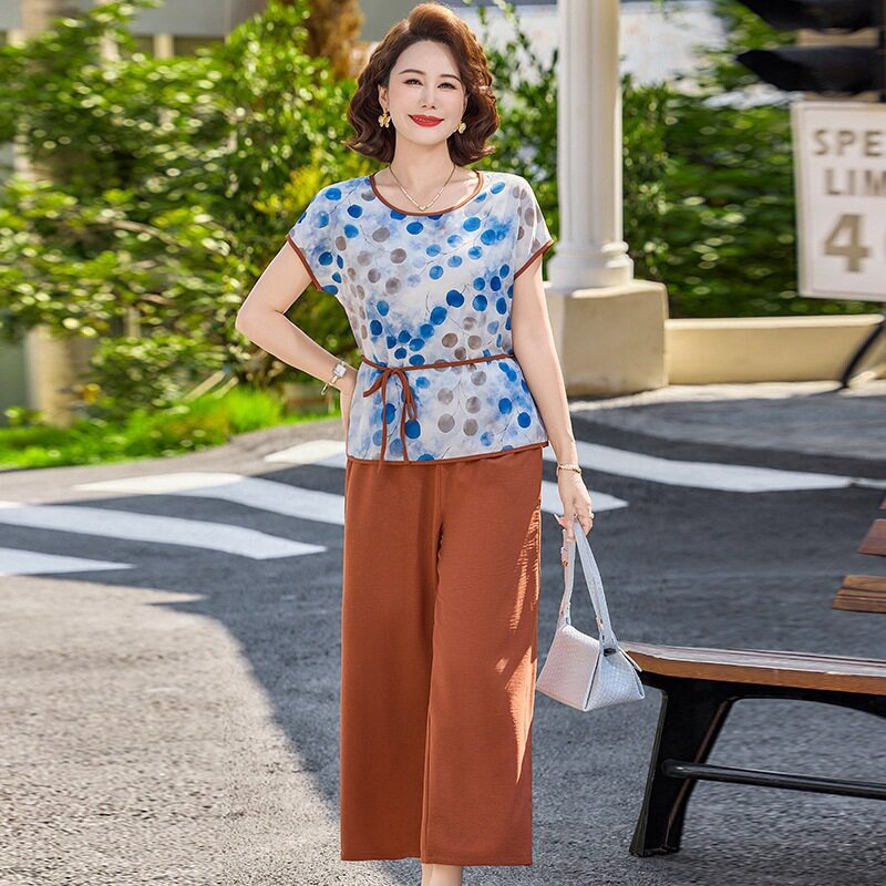 夏装大码显瘦波点短袖上衣阔腿裤套装收腰T恤衫女装中年妈妈装薄
