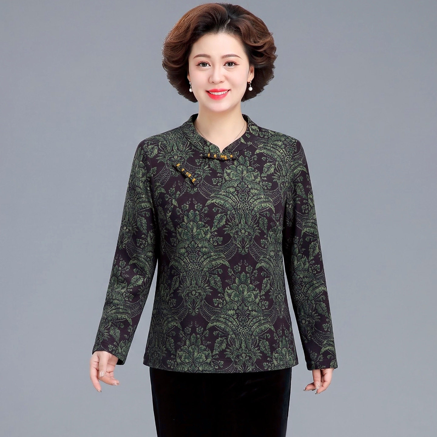 婆婆妈妈装气质春秋装中式小衫短款中老年女装长袖阔腿裤两件套装