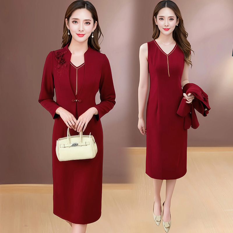儿子结婚妈妈婚宴装气质套装二件套秋冬新款修身喜婆婆礼服裙套装