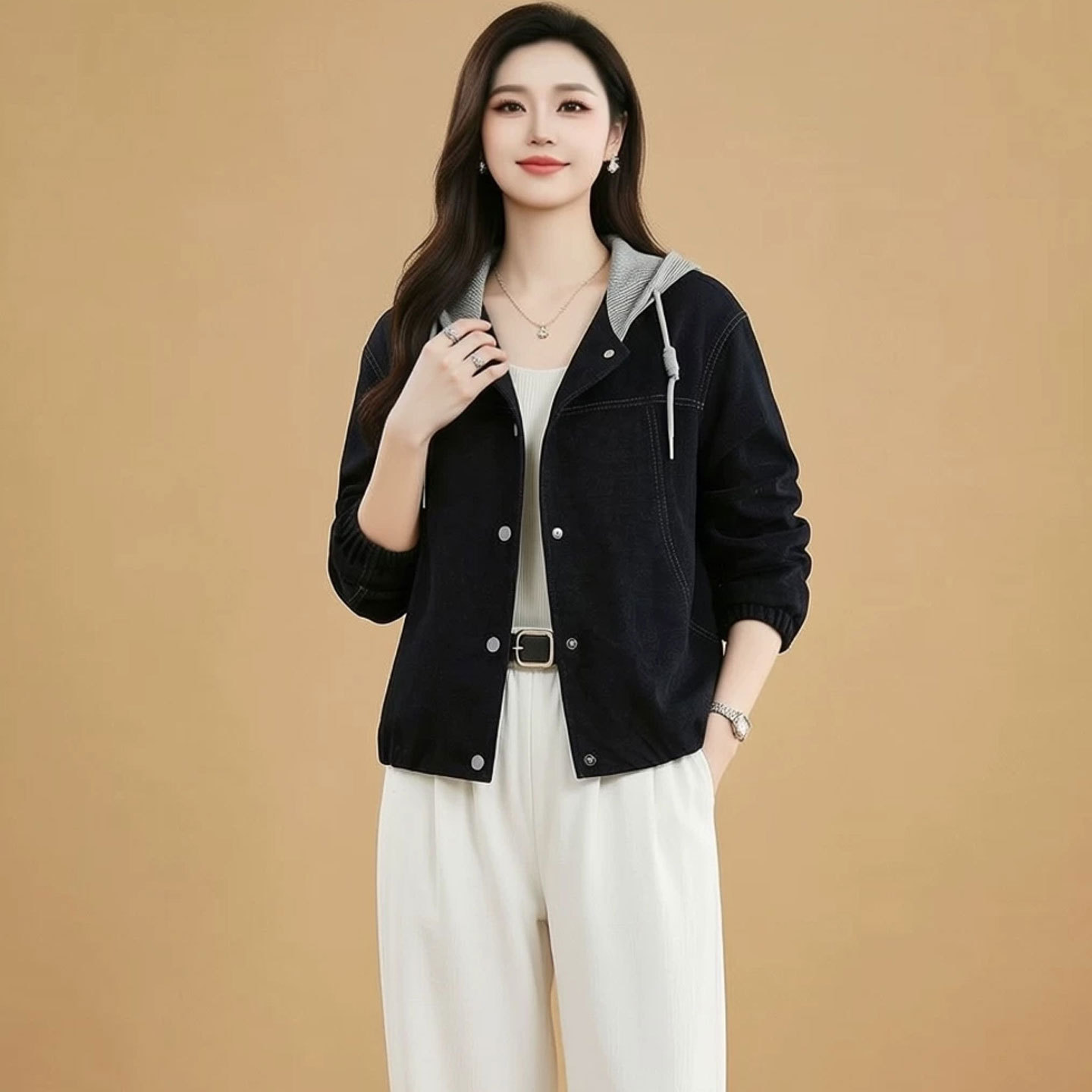 妈妈洋气外套秋装新款时尚风衣中青年女春秋短款休闲连帽夹克上衣