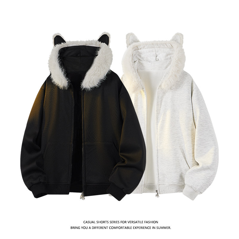 优续2025冬季美式休闲连帽毛领卫衣男冬季设计感加绒保暖上衣外套