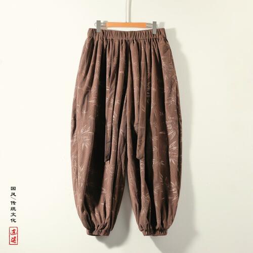 中国风新中式保暖树叶印花纹灯芯绒阔腿束脚裤男K199-P68控88