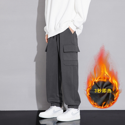 450克超柔工装裤子男冬季新款男士加绒宽松时尚束脚卫裤男款潮牌
