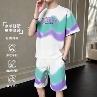 长裤 套装 碎花套装 时尚 潮流宽松薄款 印花冰丝短袖 夏季 2025新款 男士