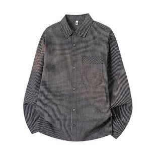 潮流宽松情侣日系长袖 春季 翻领衬衣外套 男士 百搭复古通勤格子衬衫