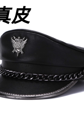 德国真皮帽子男女秋冬时尚欧美机车朋克风短檐平顶帽子鸭舌帽潮