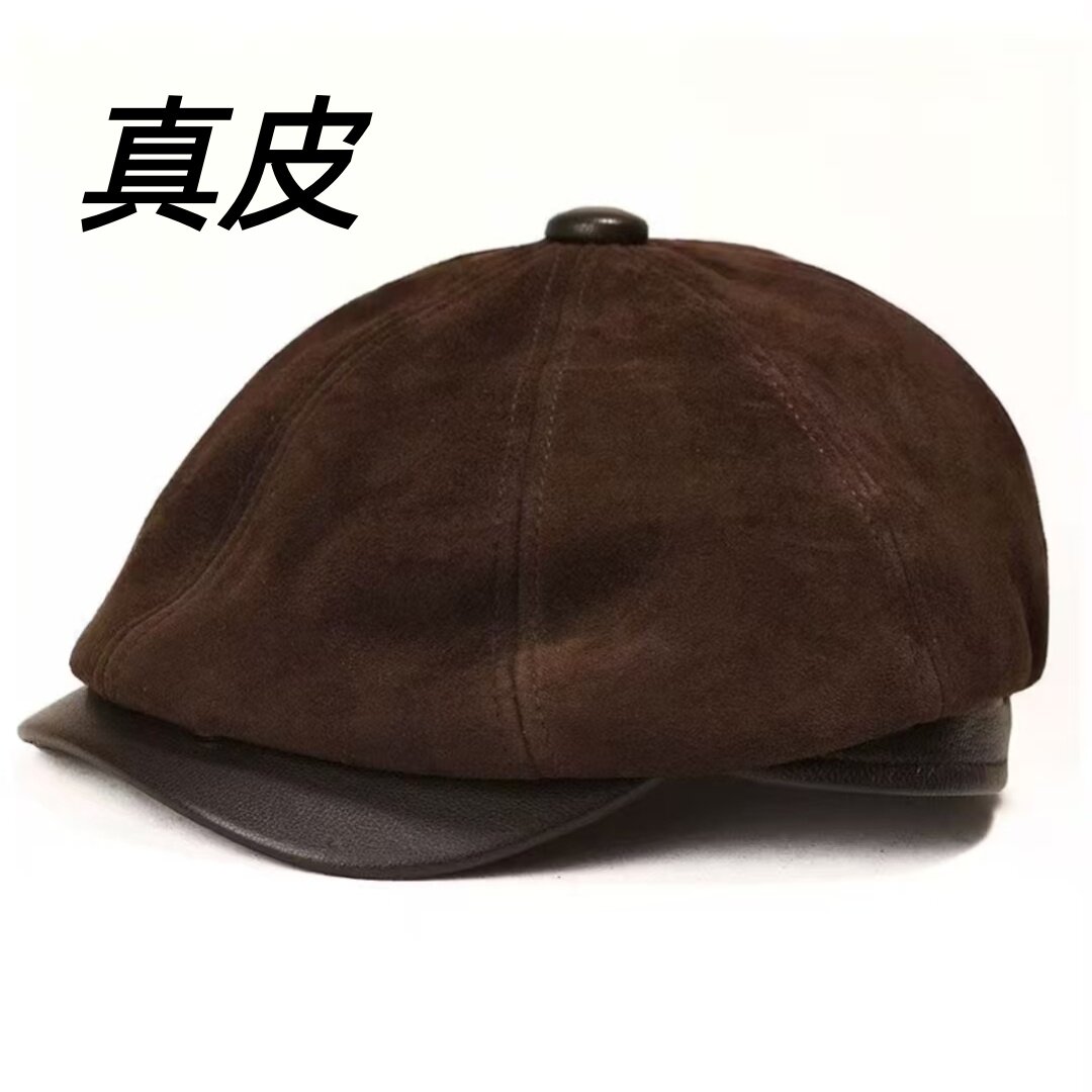 新款真皮帽子男士女士秋冬季八角帽休闲复古羊皮反绒户外贝雷帽潮
