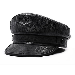 新款真皮帽子男士平顶帽水手船长帽时尚机车牛皮单款潮鸭舌帽秋冬