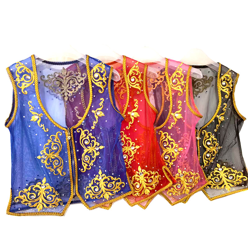 新疆舞蹈服细沙烫花烫钻透视短马甲背心广场舞服装