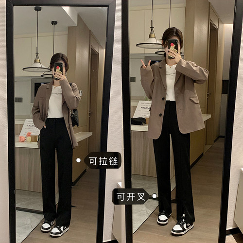 高腰显瘦休闲前开叉裤子垂感
