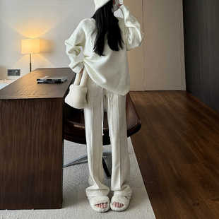 阔腿裤 高腰显瘦水波纹毛呢羊毛窄版 子女秋冬2024新款 米白色直筒裤