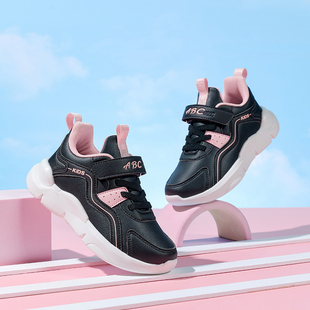 新款ABC女童鞋新款春秋皮面防水网面透气黑色运动鞋中大童跑步鞋