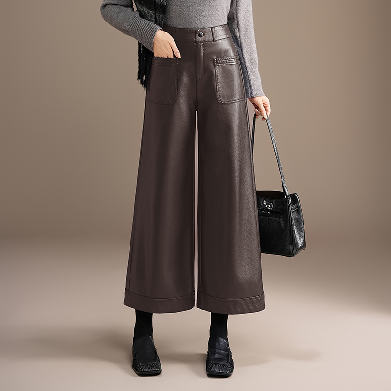 时尚阔腿皮裤八分裤高腰拉链筒裤秋冬宽松PU休闲九分裤小个子女裤