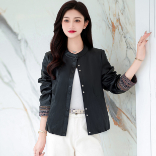 金属丝质感挽袖 PU皮外套宽松机车夹克上衣 皮衣春季