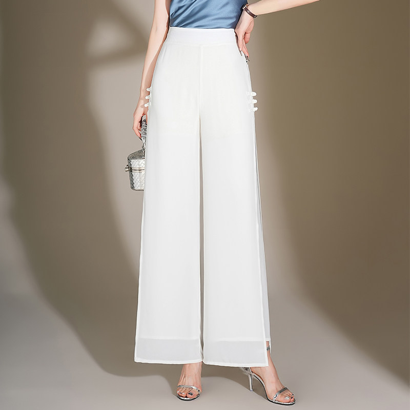 雪纺乔其纱盘扣直筒裤女夏季阔腿裤子高腰松紧腰长裤桑蚕丝妈妈裤