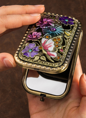 镶钻国风便携化妆镜 随身折叠梳妆镜 手持双面镜网红翻盖式小镜子