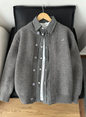 cleanfit灰色针织开衫男秋季韩系叠穿慵懒风高级感毛衣棒球领外套