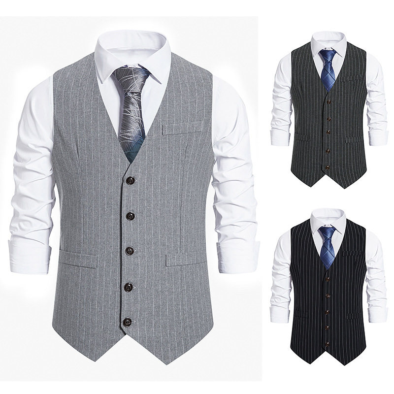 AUTUMN FOREIGN TRADE BRITISH SLIM MENS V-NECK SUIT VEST STRIPED VERSATILE HANDSOME SINGLE-BREASTED SUIT VEST TIDE