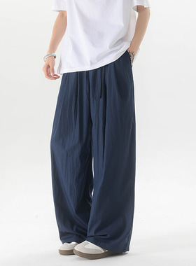 夏季冰丝垂感慵懒风山本裤男宽松直筒拖地长裤唐装阔腿棉麻休闲裤