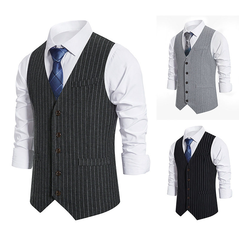 AUTUMN FOREIGN TRADE BRITISH SLIM MENS V-NECK SUIT VEST STRIPED VERSATILE HANDSOME SINGLE-BREASTED SUIT VEST TIDE