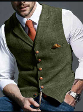 春季欧美男士戗驳领休闲格子马甲英伦复古粗花呢商务绅士背心坎肩