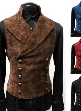 跨境外贸秋冬新款欧美老外宴会舞台演出立领双排扣灯芯绒复古马甲