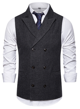 春季新款欧美男士复古人字尼双排扣马甲商务休闲成熟稳重大码背心