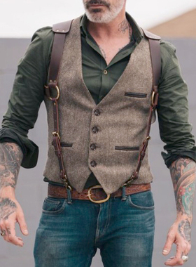 欧美男士复古皮马甲阿美咔叽多口袋V领撞色马夹背心坎肩单排扣潮
