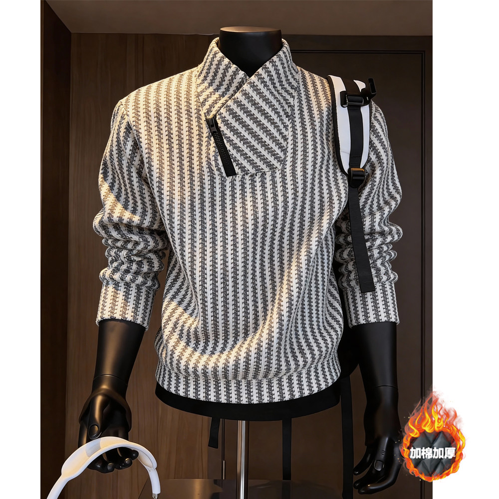 鱼骨纹美式斜领拉链套头卫衣男秋冬加绒重磅长袖t恤内搭打底衫潮