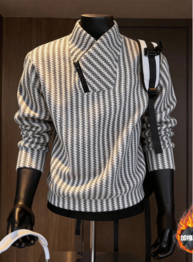 鱼骨纹美式斜领拉链套头卫衣男秋冬加绒重磅长袖t恤内搭打底衫潮