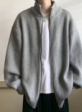 立领针织开衫外套男春秋日系复古慵懒风宽松拉链线衫oversize毛衣