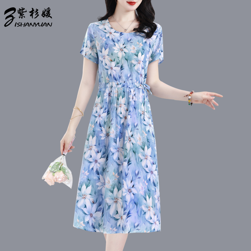 妈妈夏季新款短袖数码印花连衣裙