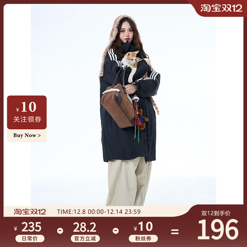 Double L2原创bf美式条纹冬季棉衣女中长款过膝韩版宽松加厚棉服