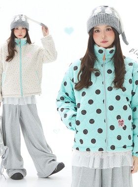 Double L2 碎花波点双面穿高领羊羔毛外套女冬宽松设计感加厚上衣