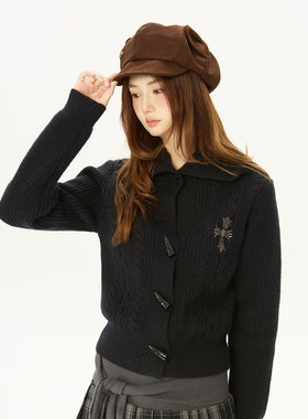 Double L2 美式复古辣妹黑色短款毛衣女麻花针织开衫秋冬外套上衣