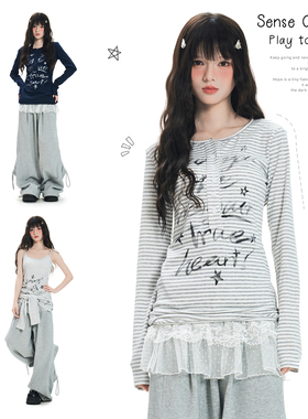 Double L2 美式Y2K条纹长袖T恤女字母亚文化修身显瘦打底衫上衣潮