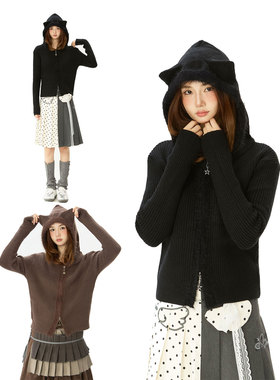 Double L2 白色奶fufu猫耳朵毛衣外套女秋冬修身短款连帽针织开衫